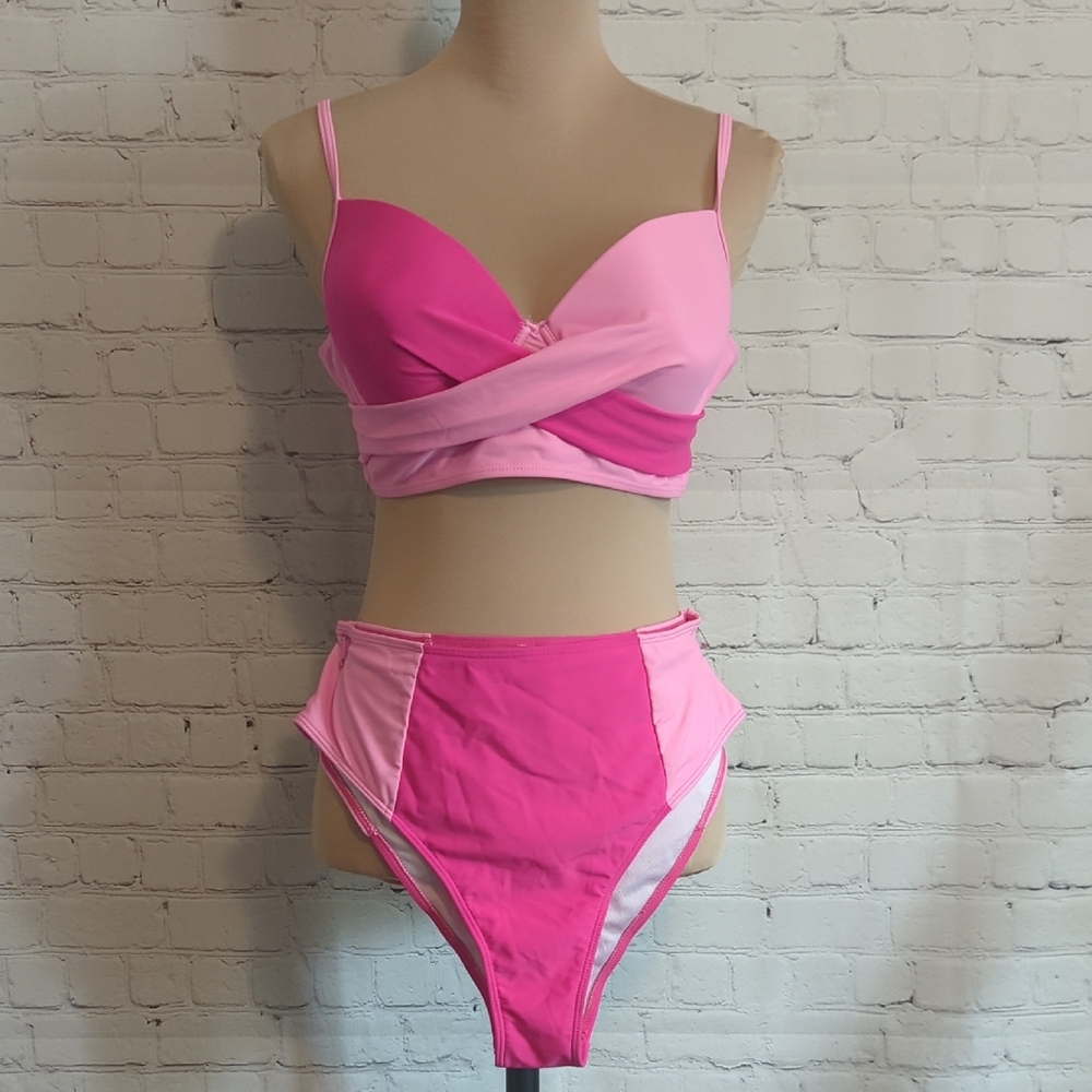 Pink Wrap Bikini with High-Waisted Bottoms